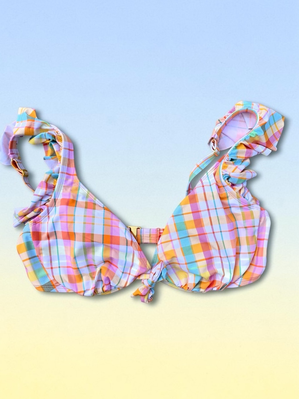 Bleu Rod Beattie Coral and Pastel Plaid Bikini Top Size 16W